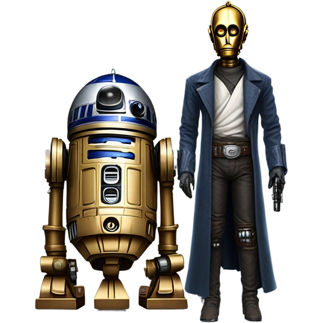 tarnished undercover tough well-equipped Jedi  life-sized darkblue-pearl C3po as a friendly droid wearing a leather clothing old west duster coat holding light saber  emoji