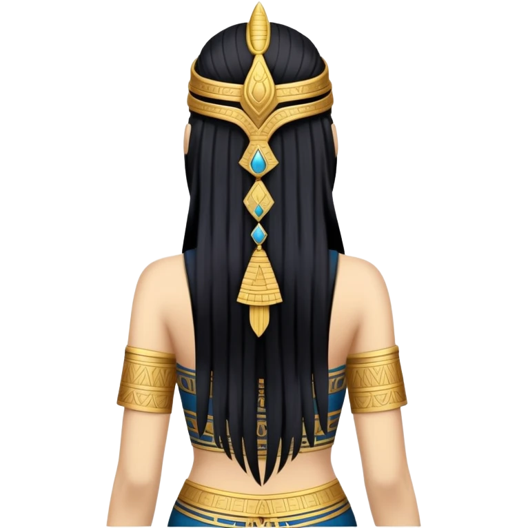 back view of Anunnaki goddess Inanna with long flowing black hair and Mesopotamian cuneiform symbols on her royal attire emoji