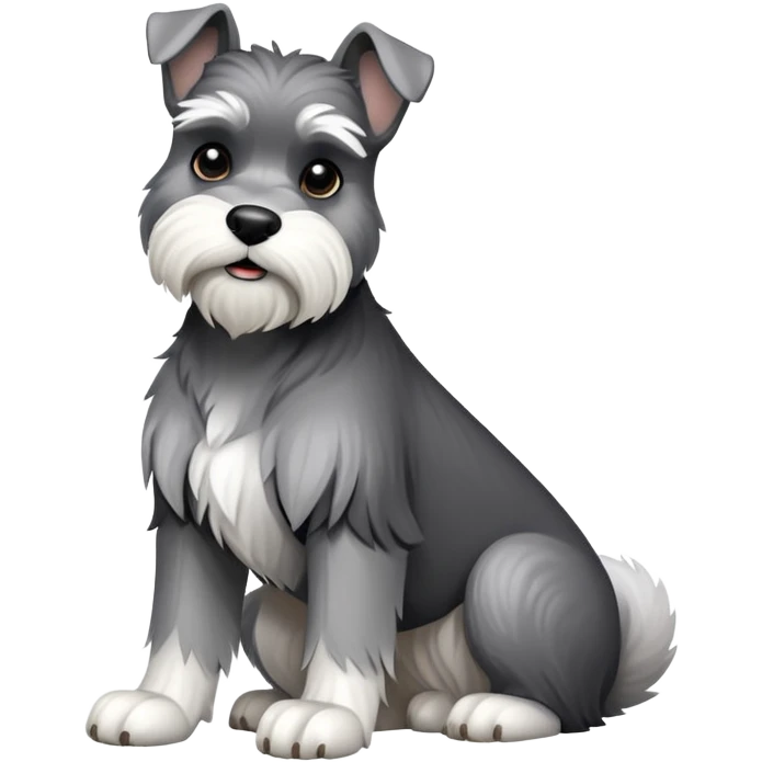 cinematic-[schnauzer]-realistic-full-body-sitting-emoji,-tail-resting-loosely-beside-its-paws,-head-tilted-dramatically, -sleek-[grey and white]-fur,-simplified-yet-realistic-focused-features,-highly-detailed,-glowing-with-an-almost-sarcastic-glow emoji