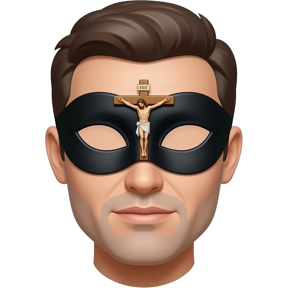 cinematic - Portrait by Joel-Peter Witkin, at a 45 degree angle, wearing a small black Venetian Masquerade mask with a crucified Christ over his eyes emoji