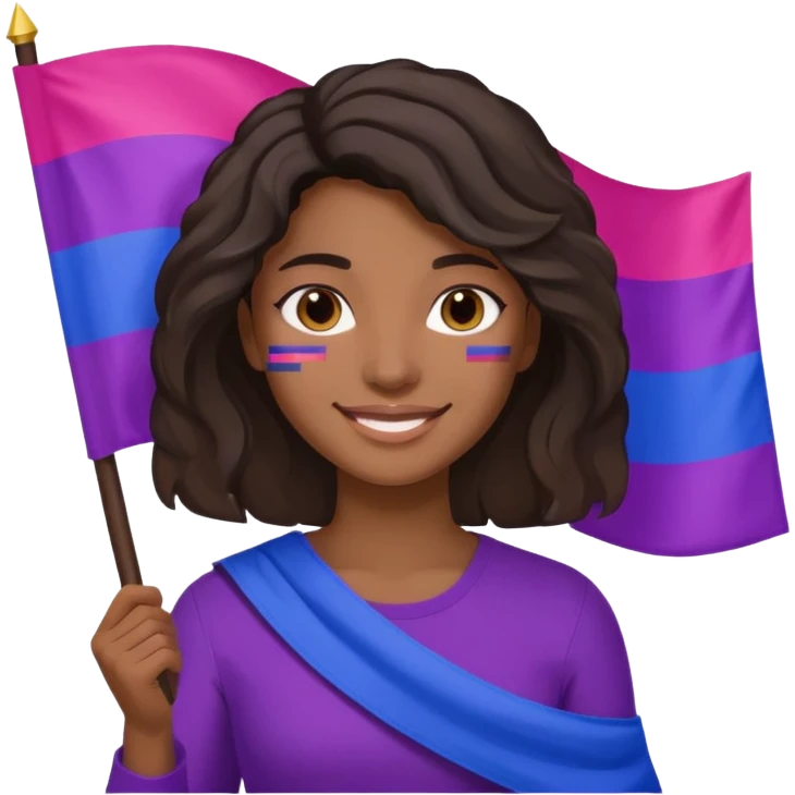 eu com a bandeira bissexual, sou morena, com cabelos negros que vão até a altura dos ombros levemente ondulados, olhos castanhos, emoji