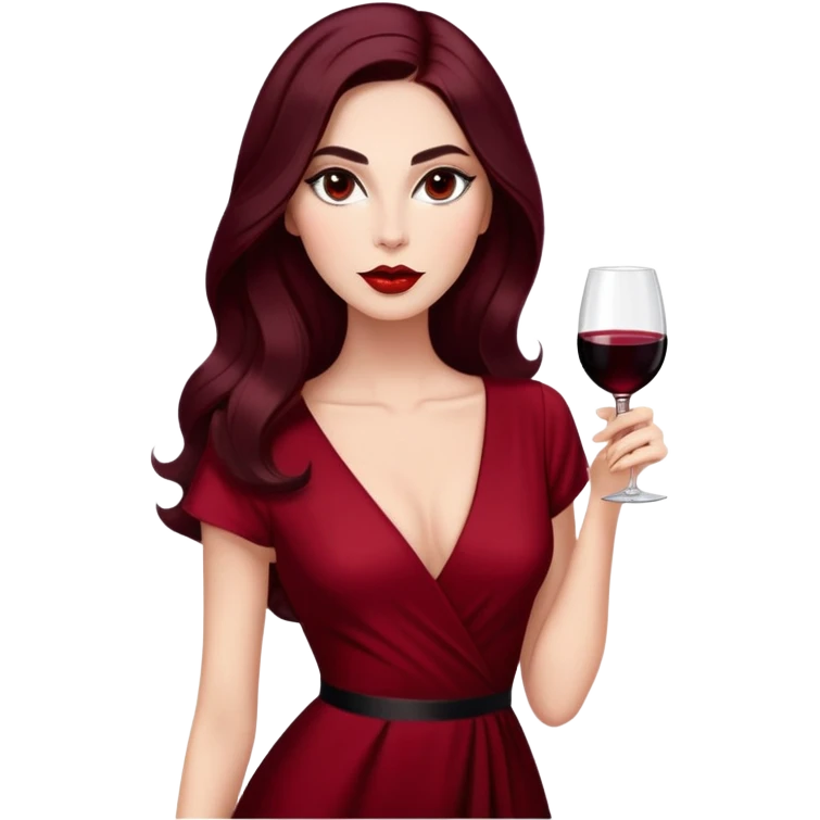Glamorous woman with radiant fair skin, elongated face, large dark almond eyes with dramatic eyeliner, thick defined eyebrows, full red lips, long dark straight hair with soft waves at ends, wearing wine red velvet V-neck dress, confident expression emoji