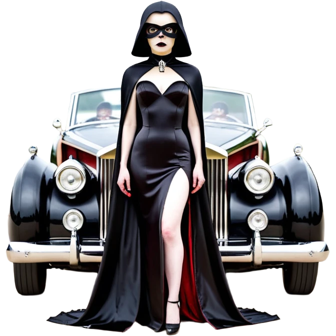 Wednesday Adam’s Blood stained Satanic Darth Vader black Bare bones (channeled cowl) drag racing and speed record modified (fenders removed) chopped streamlined sporty roadster that is a (stripped down) hot street rodded engine sports car 1952 Rolls Royce Woody futuristic  wide racing wheels emoji