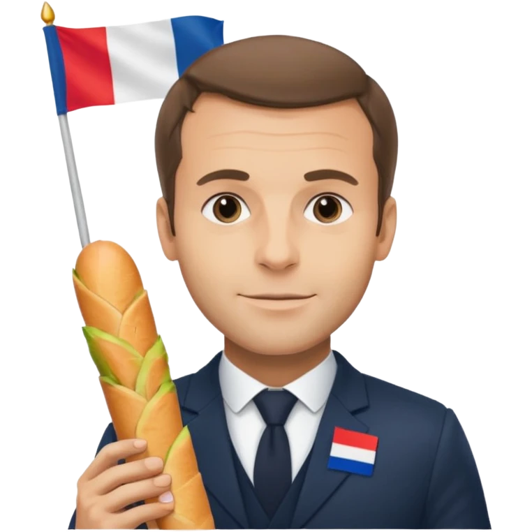Macron avec une baguette et un drapeau français derrière lui emoji