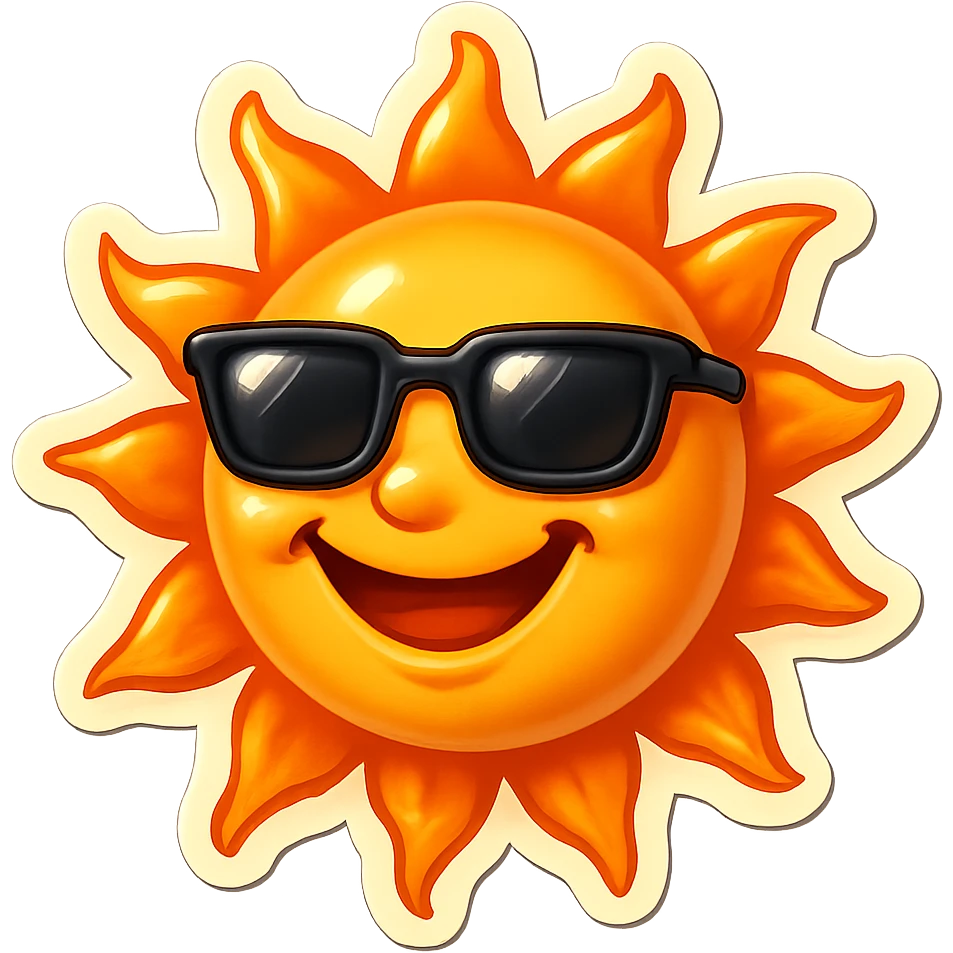 a smiling sun wearing sunglasses, retro sticker style emoji