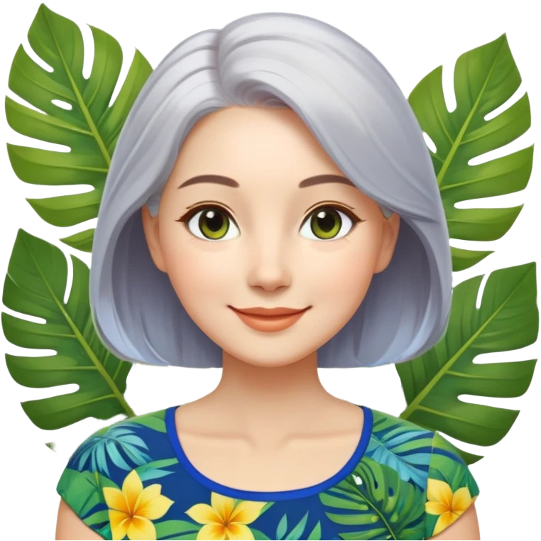 A woman with light complexion, oval face with soft rounded features, full cheeks, gentle almond-shaped eyes with subtle smile lines, silver-gray hair parted to the side, wearing a vibrant short-sleeved blouse with tropical leaf print in blue, green, and yellow, exuding warmth and joy. emoji