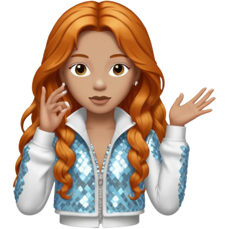 Ice Spice, Rapper (b.2000) with long ginger hair, ivory tour sequin outfit emoji