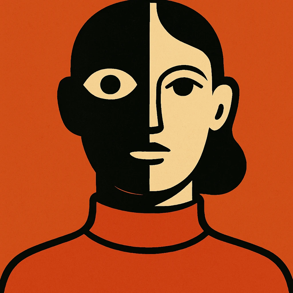 A figure featuring a vertically split black-and-white face: the left side is black with a white eye, and the right side is white with a black eye. The figure is in a red turtleneck. emoji