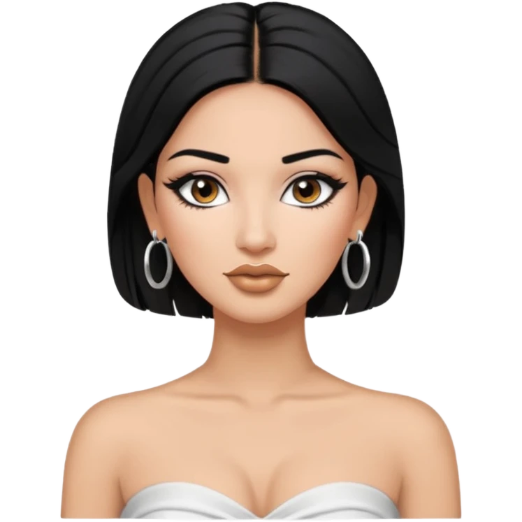latina makeup olsun, saçları düz, halka küpeler taksın. takıların hepsi gümüş rengi olsun halka küpeler ve kolye dahil. makyajı ağır olsun ve beyaz bir Bandeau top kıyafet giyisin emoji