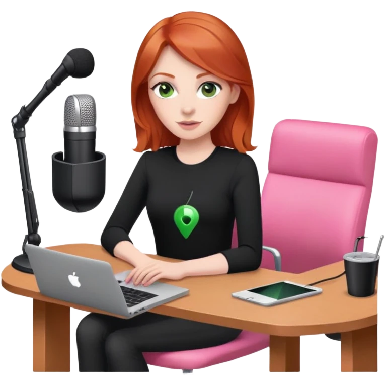 Redhead with green eyes sat at desk with pink MacBook and  podcast microphone black top and pink chair  emoji