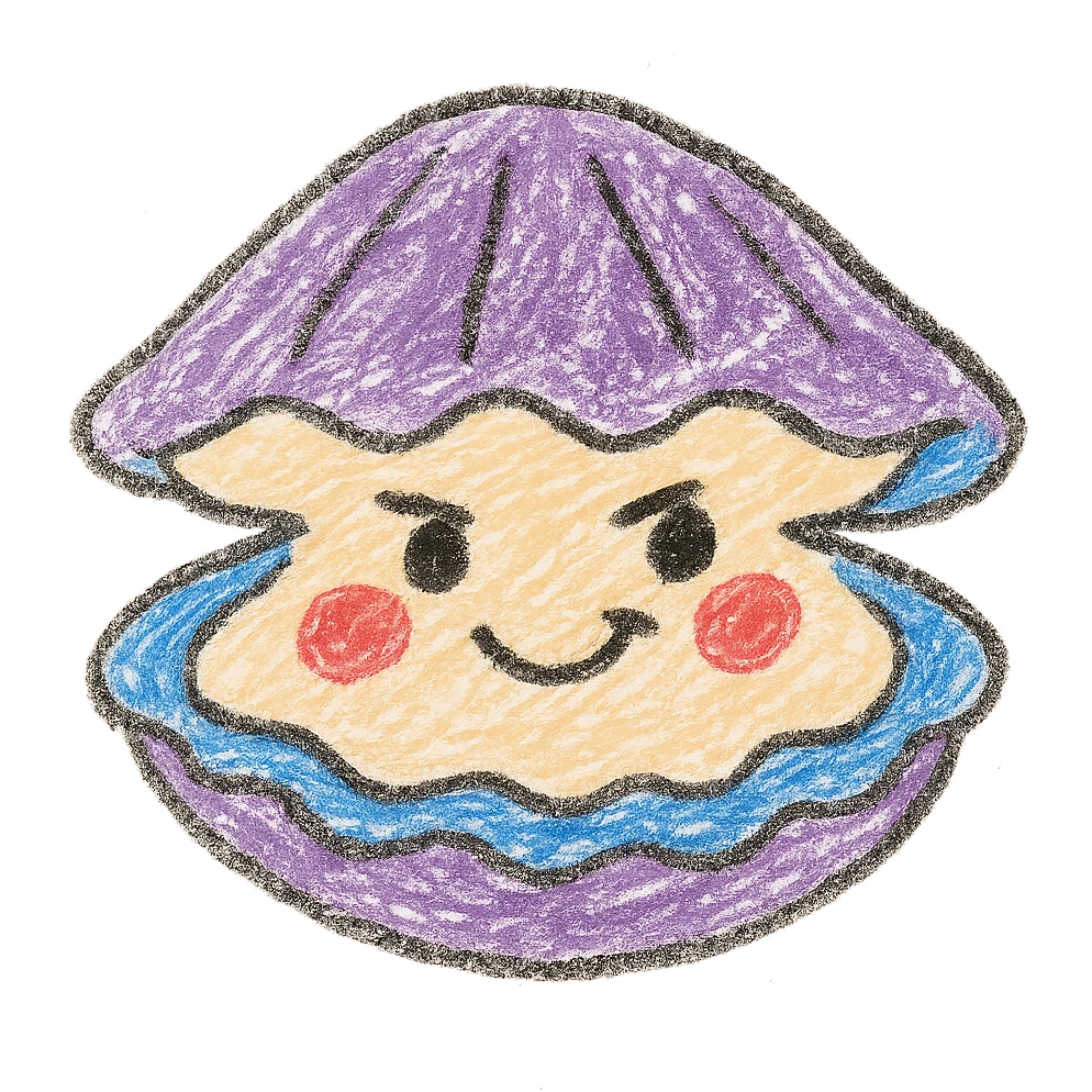 Cute oyster with a mischievous expression in children doodle style, transparent background emoji