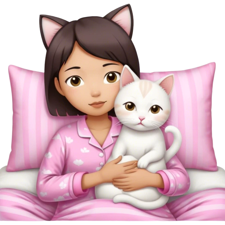 Short hair Asian girl wake up with white cat in pink pj emoji