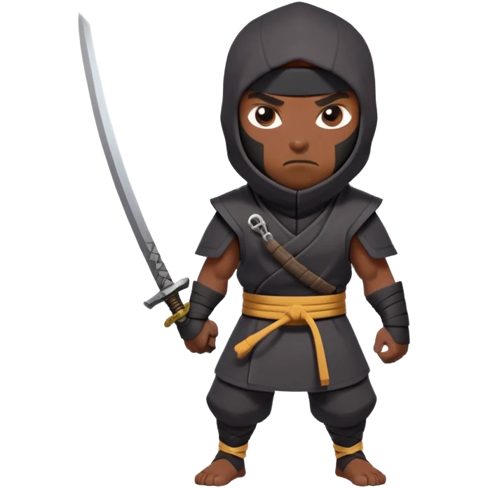 clash-of-clans-aesthetic_-cinematic-mysterious-male-ninja-portrait-emoji, rendered in a flat, vector-style with minimal shading and bold, simplified shapes,   with a head slightly turned revealing intense, focused eyes. the ninja is accompanied by a Ninken dog emoji