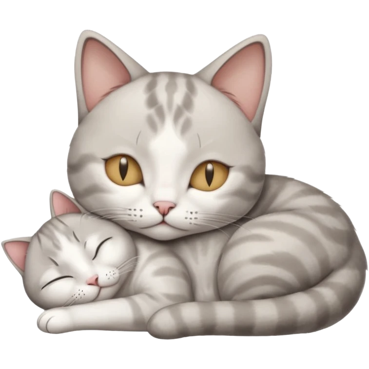 grey and white small cat with its eyes closed lying down with its paw curled and holding up his head emoji