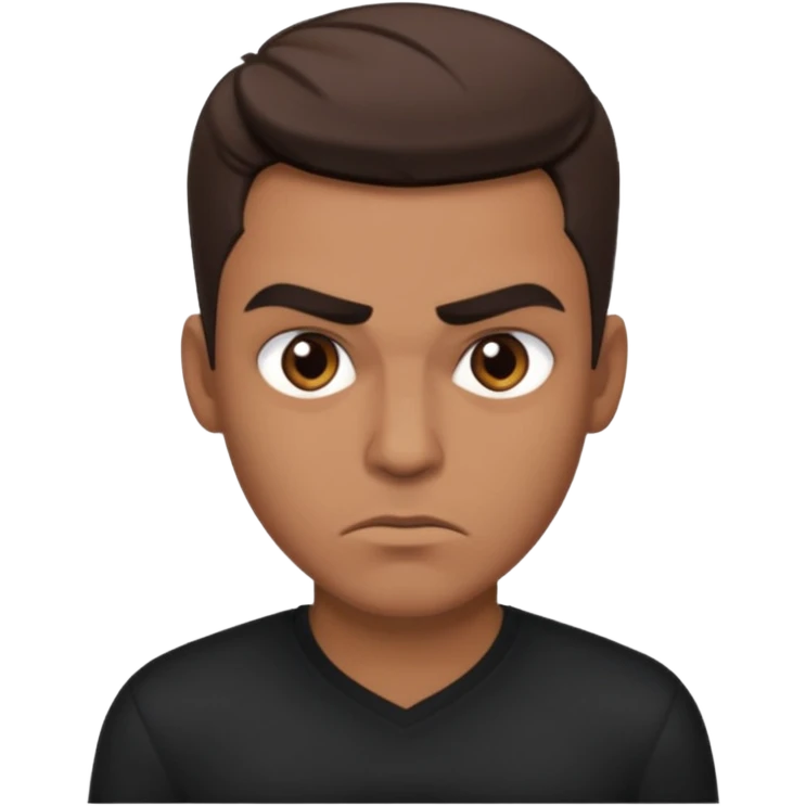 masculine white guy with brown characteristics (french crop) as hairstyle short hair brown eyes and thick eyebrows with a slit in the eyebrows. wearing a black shirt and having slightly angry expression but at the same time taking it as love  emoji