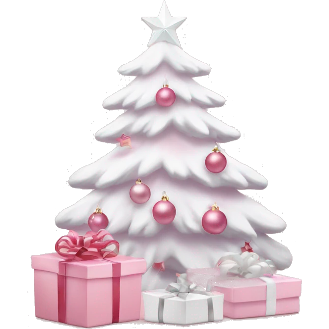 Light pink Christmas gifts under a white Christmas tree  emoji