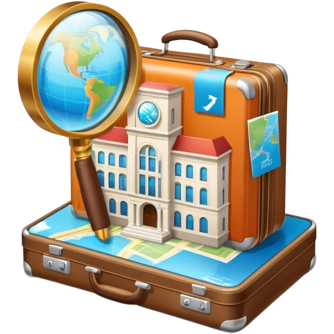An icon featuring a suitcase, a hotel building, symbolizing the academic study of tourism and hospitality. The design includes a travel map and a magnifying glass, representing research into destinations and hospitality management. Transparent background emoji