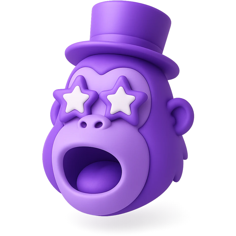amazed purple gorilla with star eyes and wearing a tophat, fun expressive style emoji