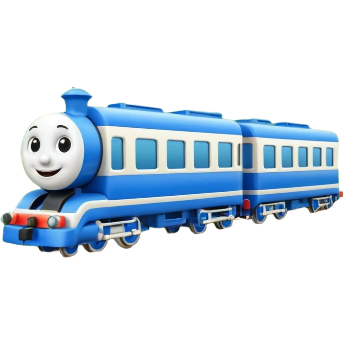 A 3D cartoon passenger train with blue carriages and visible windows, moving through countryside, Memoji-style. emoji