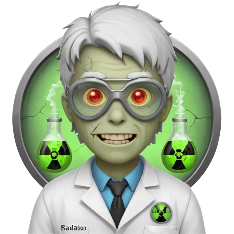 radioactive zombie scientist portrait, head and shoulders only, glowing toxic veins, cracked goggles, lab coat with radiation badge, sinister smile, 3D cartoon, mobile game icon style, clean background, no text, no watermark
 emoji