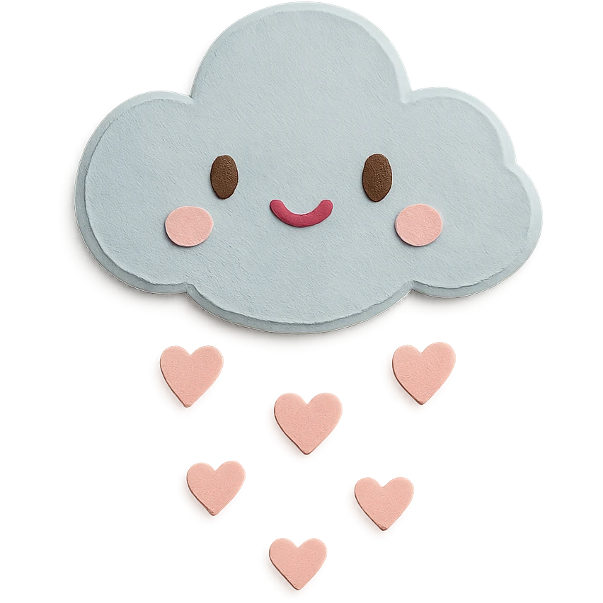 soft pastel small fluffy cloud raining tiny pink hearts, no arms, no legs, full body, soft pastel kawaii paper craft style emoji
