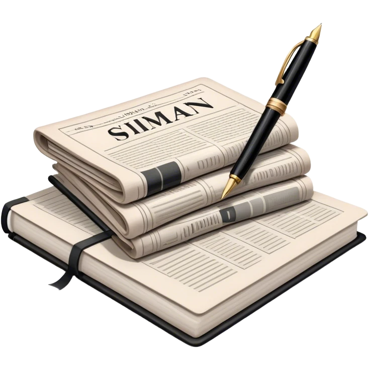 Create an emoji representing journalism and publicistic writing. The design should feature a stack of newspapers, an open notebook, and a single classic fountain pen placed on top of the notebook, symbolizing the act of writing. The scene should convey a sense of professionalism and thoughtful analysis. Use a neutral and professional color palette, with black, white, and muted tones. Do not include any emojis or smiley faces. Make the background transparent. emoji