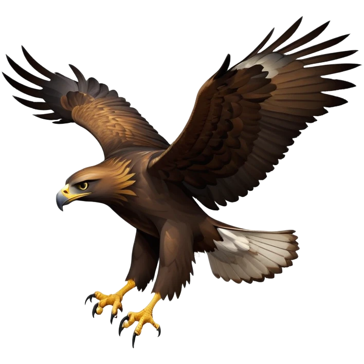 cinematic-golden eagle-realistic-full-body-soaring-emoji,-massive-wings-spread-wide-against-the-open-sky,-sharp-beak-curved-and-powerful,-piercing-golden-eyes-scanning-the-land-below,-strong-feathered-legs-tucked-tight,-dark-brown-feathers emoji