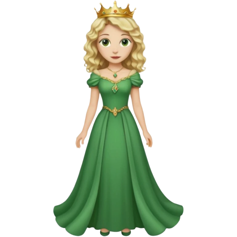 Queen, crown, blonde wavy hair, green eyes, long green narrpw dress, whole Body, emoji