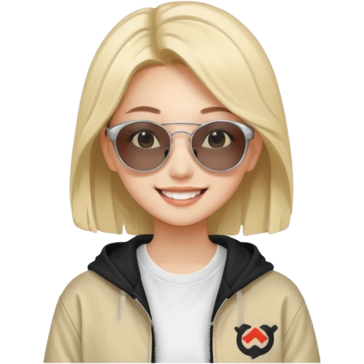portrait of young woman idol in Kpop style, wearing streetwear outfit, wearing sunglasses emoji