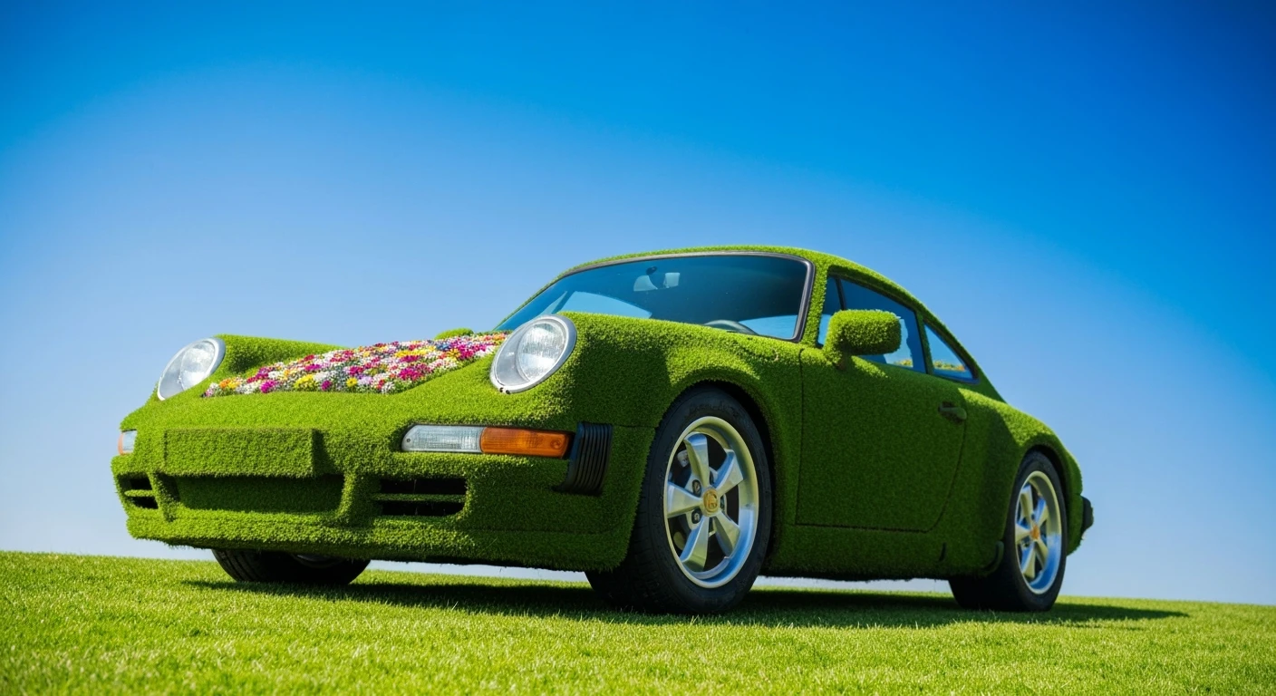 Closeup shot of a porsche 911, body of car made of grass and big colorfull flowers, green hill grass, blue clear sky, dutch angle, captured by ARRI 65 emoji