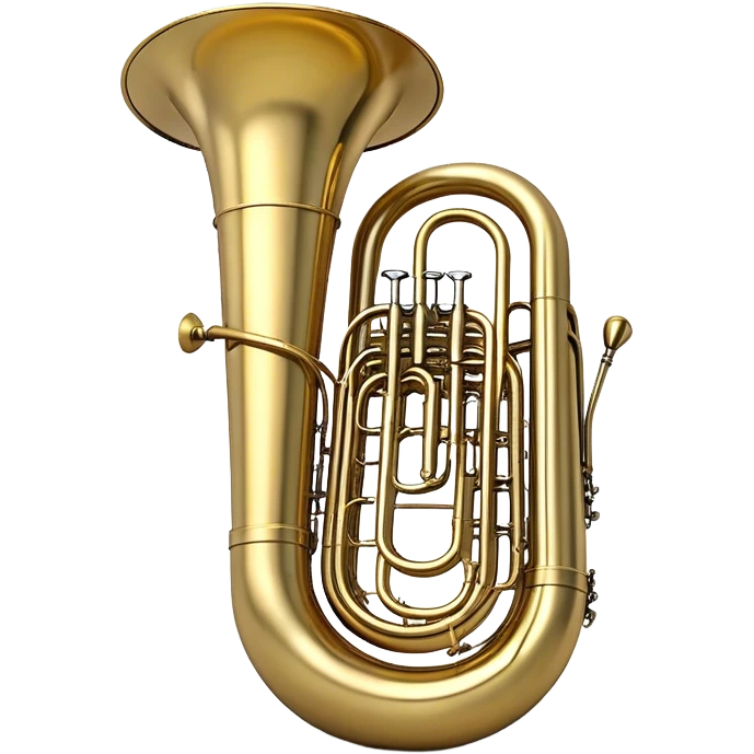 Create a large and bold emoji representing a tuba. The design should feature the tuba’s iconic, large, curved brass body, with its wide bell and tubing wrapping around. Highlight the visible valves and their metal buttons, showcasing the characteristic structure of the instrument. The brass finish should be shiny, with golden tones and subtle reflective light effects to highlight its polished surface. Add soft musical notes or soundwaves emanating from the bell to evoke the deep, resonant sound of the tuba. The background should be transparent. emoji
