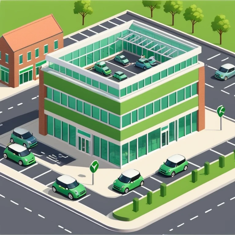 Isometric Waitrose supermarket building with green branding, brick exterior, glass entrance, British parking area with Mini Cooper cars emoji