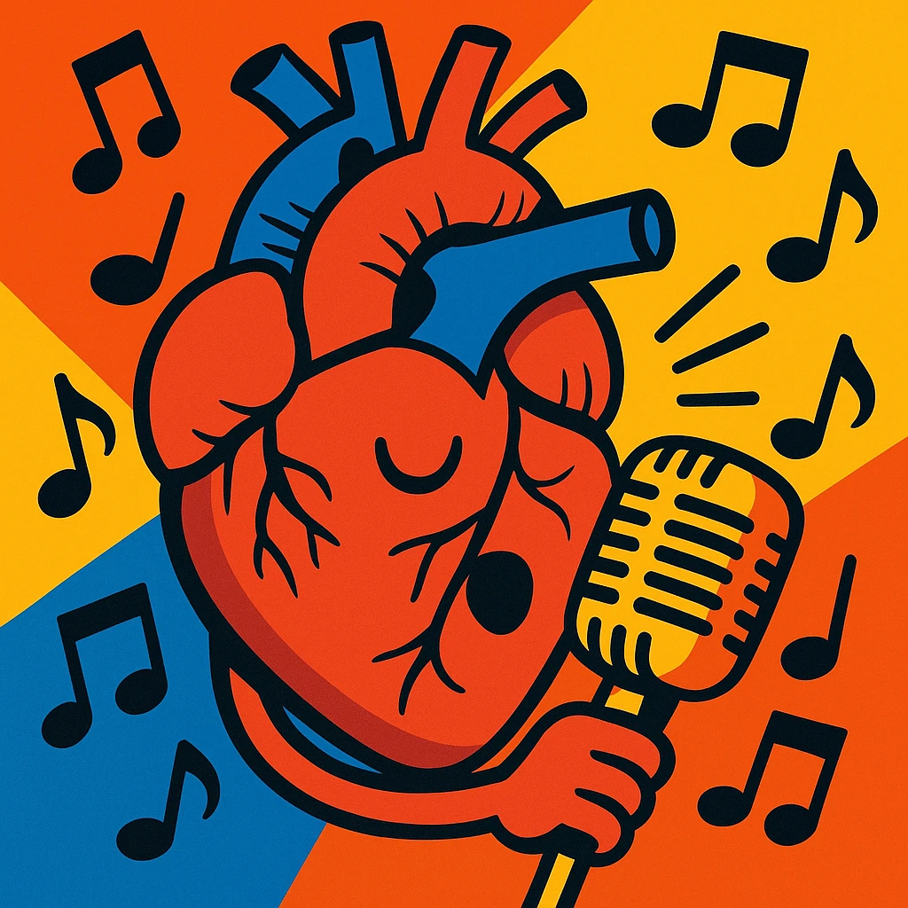 anatomical heart holding a vintage microphone, surrounded by music notes, dynamic style emoji