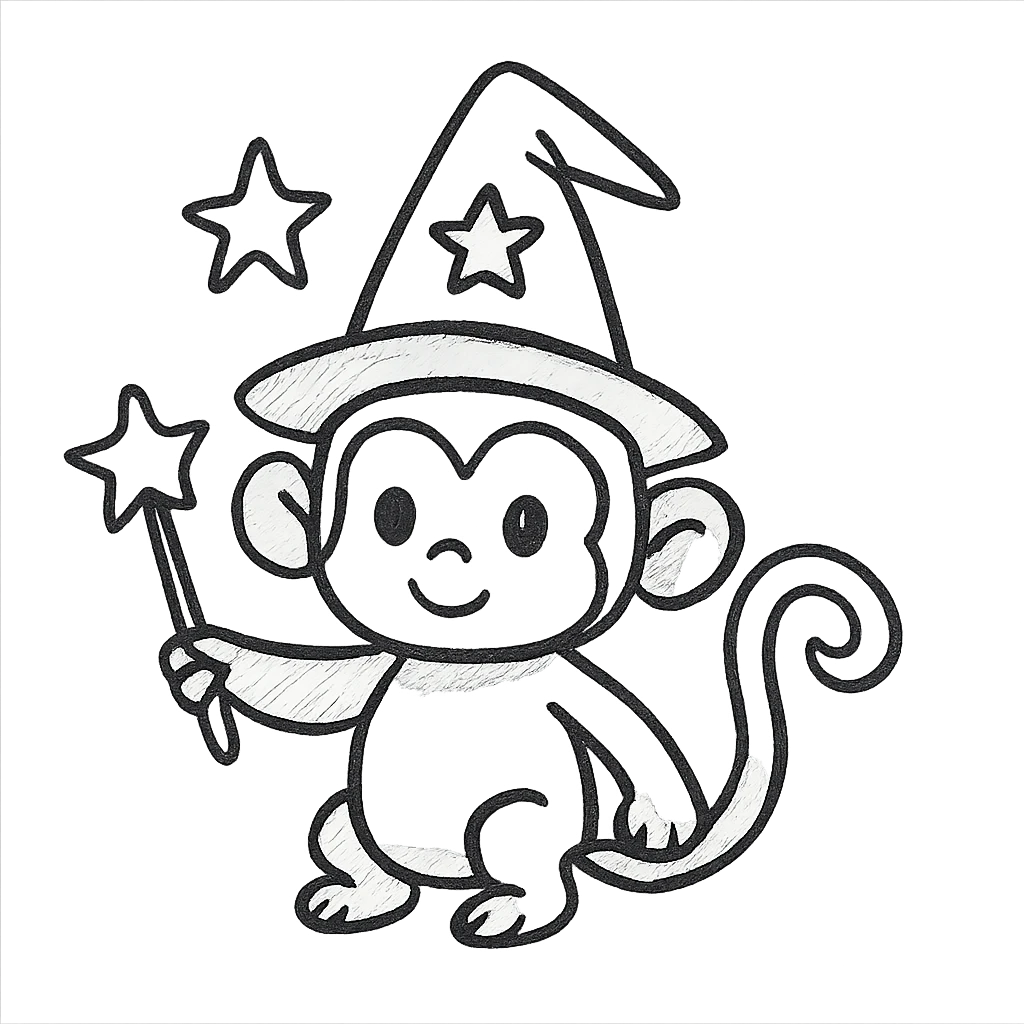 wizard monkey, hand drawn black line style, cute and playful, big eyes, star-shaped accessories emoji