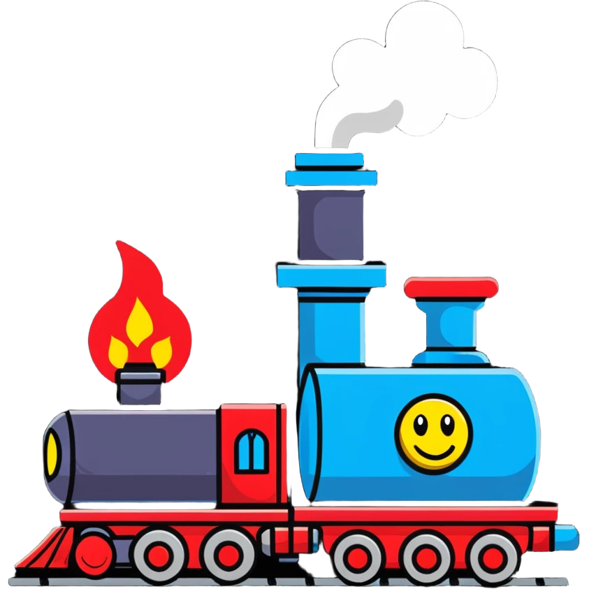 A cartoon toy train with a bright happy face and steam coming from its chimney emoji