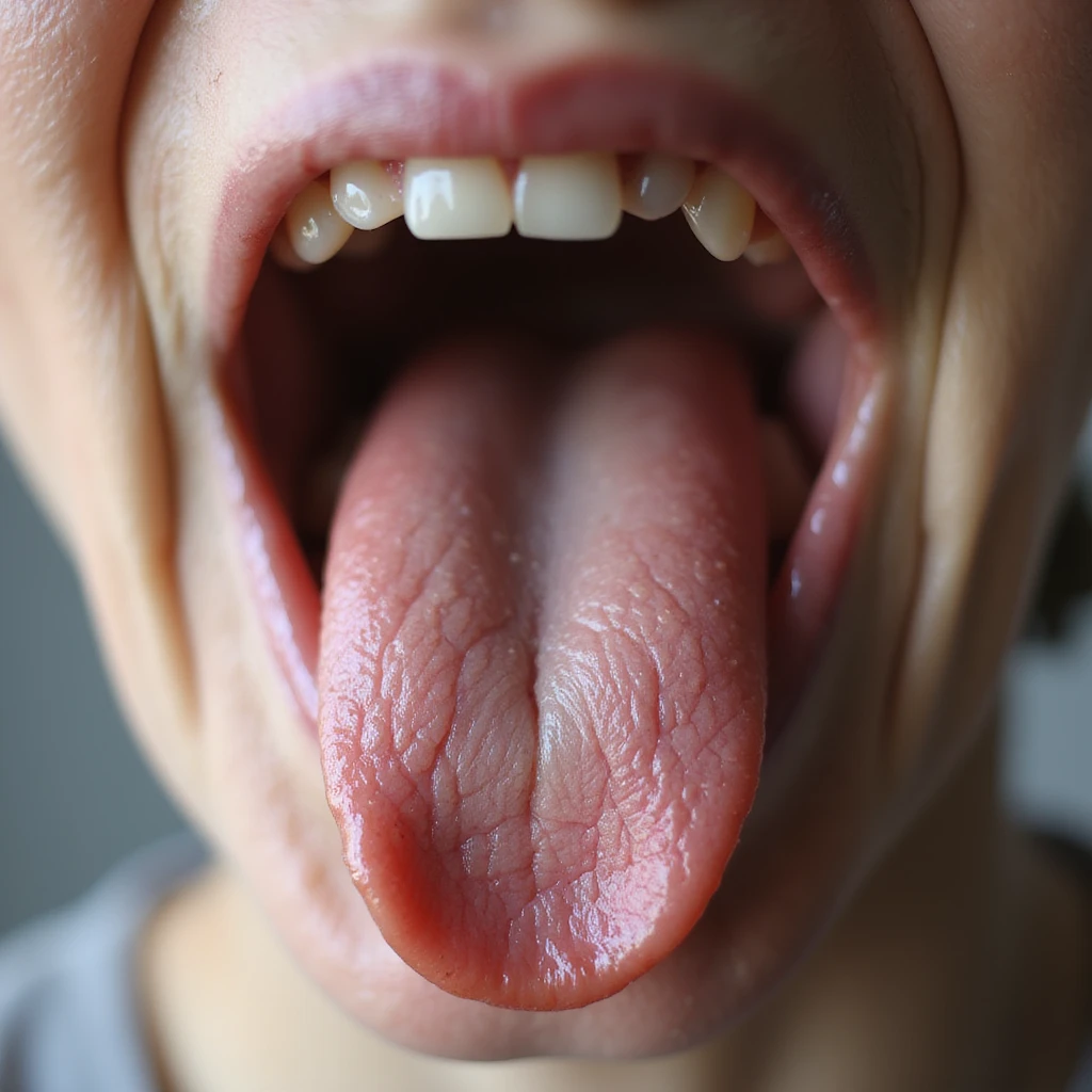 close-up of a red and smooth tongue (glossitis), typical of vitamin B12 deficiency, hyperrealistic 4K details, vertical 9:16, neutral background emoji