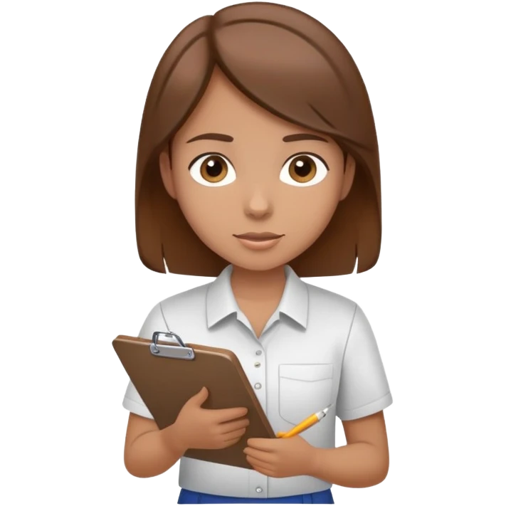 Intern or volunteer with brown hair holding a clipboard and pencil, ready to take notes or assist. The character wears a simple shirt and has an eager posture emoji