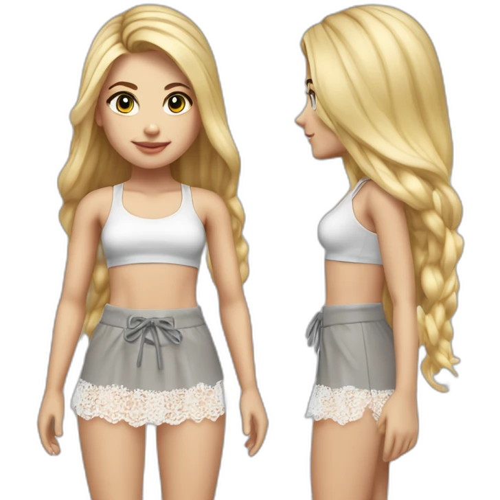 hyperrealistic caucasian female, long straight blonde hair, white lace-up crop top and grey plain tight mini skirt emoji