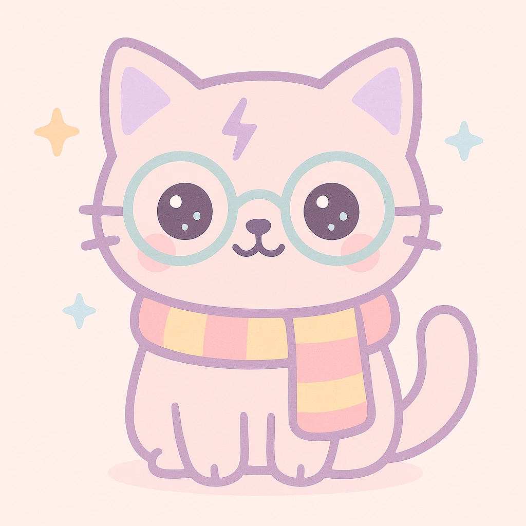 a cat dressed as Harry Potter with round glasses, a lightning bolt scar, and a Gryffindor scarf, cute illustrated style emoji