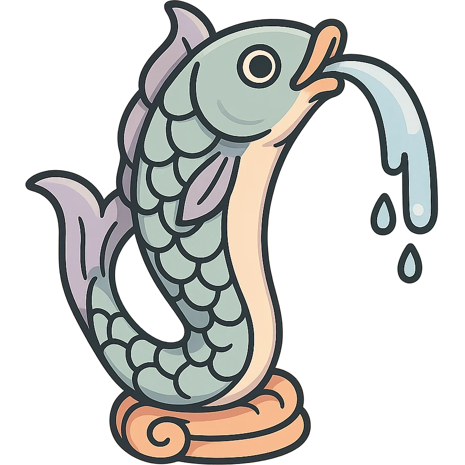elongated vertical fountain in the form of an elegant fish with a water stream flowing from its mouth, eastern style, detailed drawing with shadows and highlights, thin clean contours, soft rounded shapes, pastel palette #98B5BC, #B5B3C1, #C9A3C9, #E4C0CA, #F7DCD1, #F7C0AA, modern Japanese pop art and sticker aesthetics, soft lighting, transparent background, no stand emoji