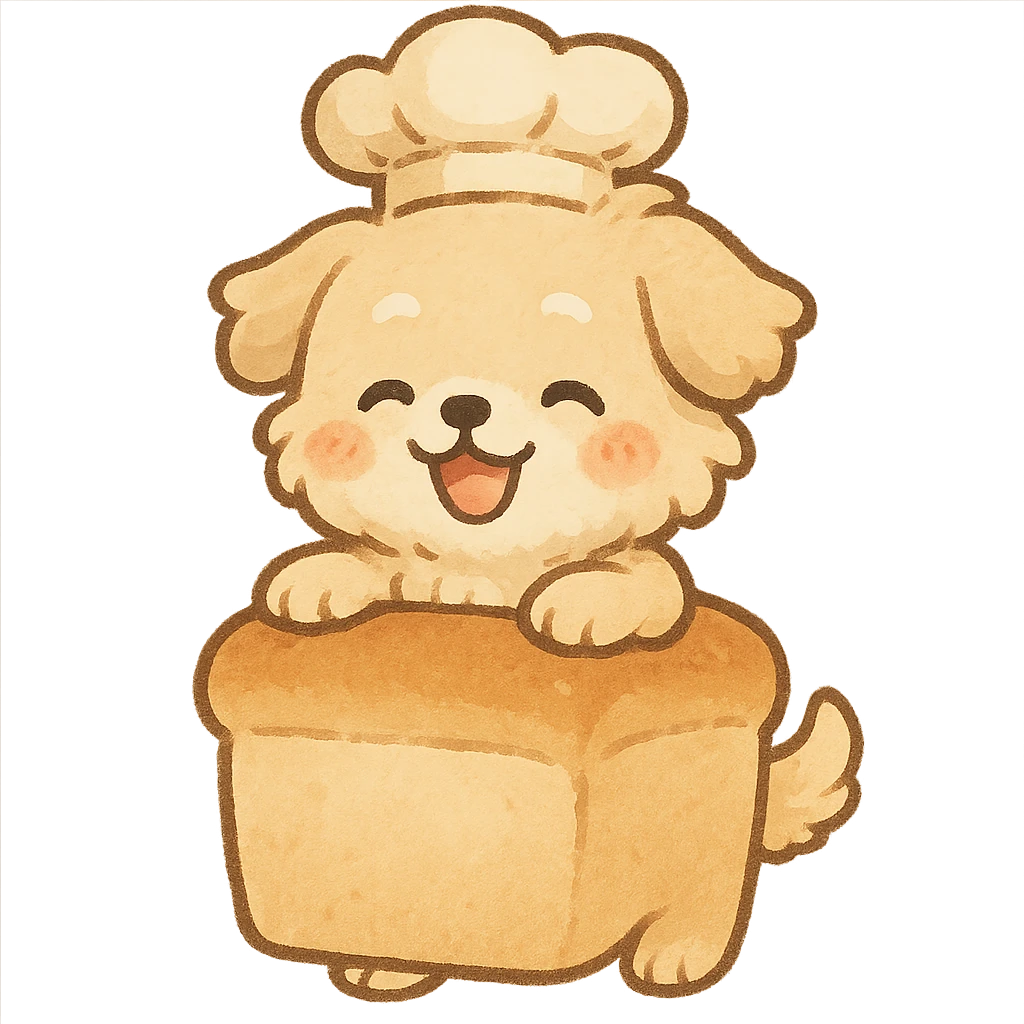 chibi style soft fluffy dog as a bread maker, peeking from a bread loaf, cheerful, warm beige, full-body emoji