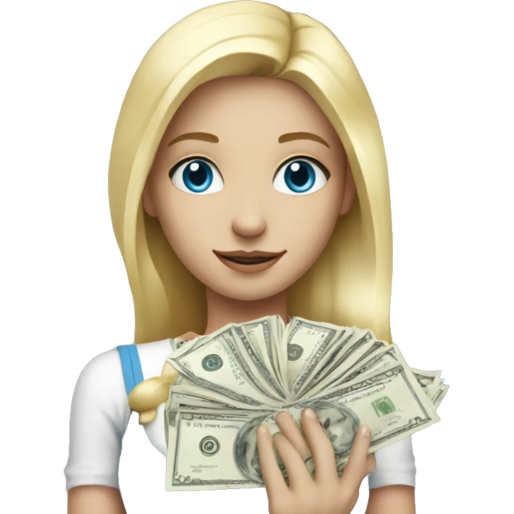 Blonde girl, white with blue eyes holding a lot of money emoji