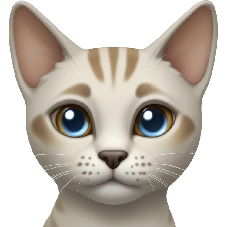 Thai breed adult cat with a light cream-brown body, dark gray nose and face, ears, and paws. sharp ears, and striking light blue eyes  emoji