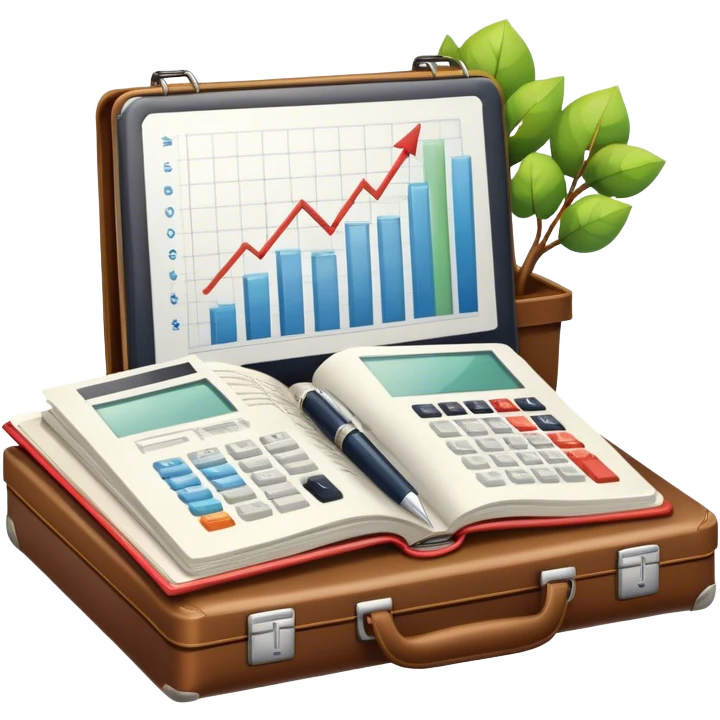 Icon for Business Reading: an open book with a graph and financial charts, a briefcase, a calculator, and a laptop nearby. The icon should represent the world of business, finance, and professional growth. Transparent background. emoji