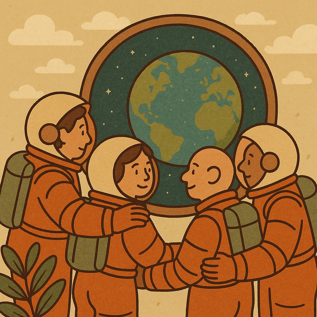 A group of astronauts gathered around a window, gazing at Earth. The scene should convey a sense of camaraderie and shared longing. emoji