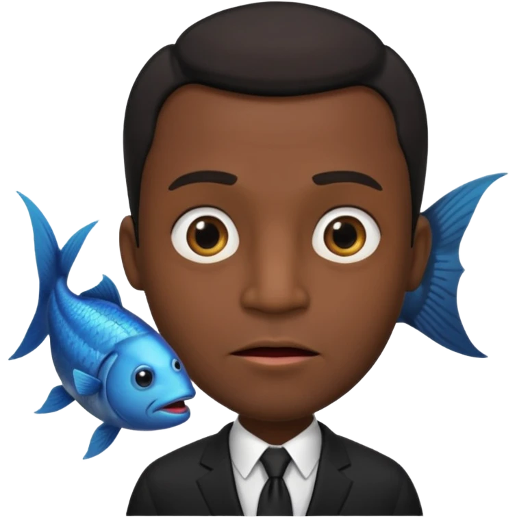 A man dressed in a black suit. His face is that of a fish — therefore, he has NO human face!! The fish’s face is positioned vertically, meaning its mouth is facing upward. Ok? emoji
