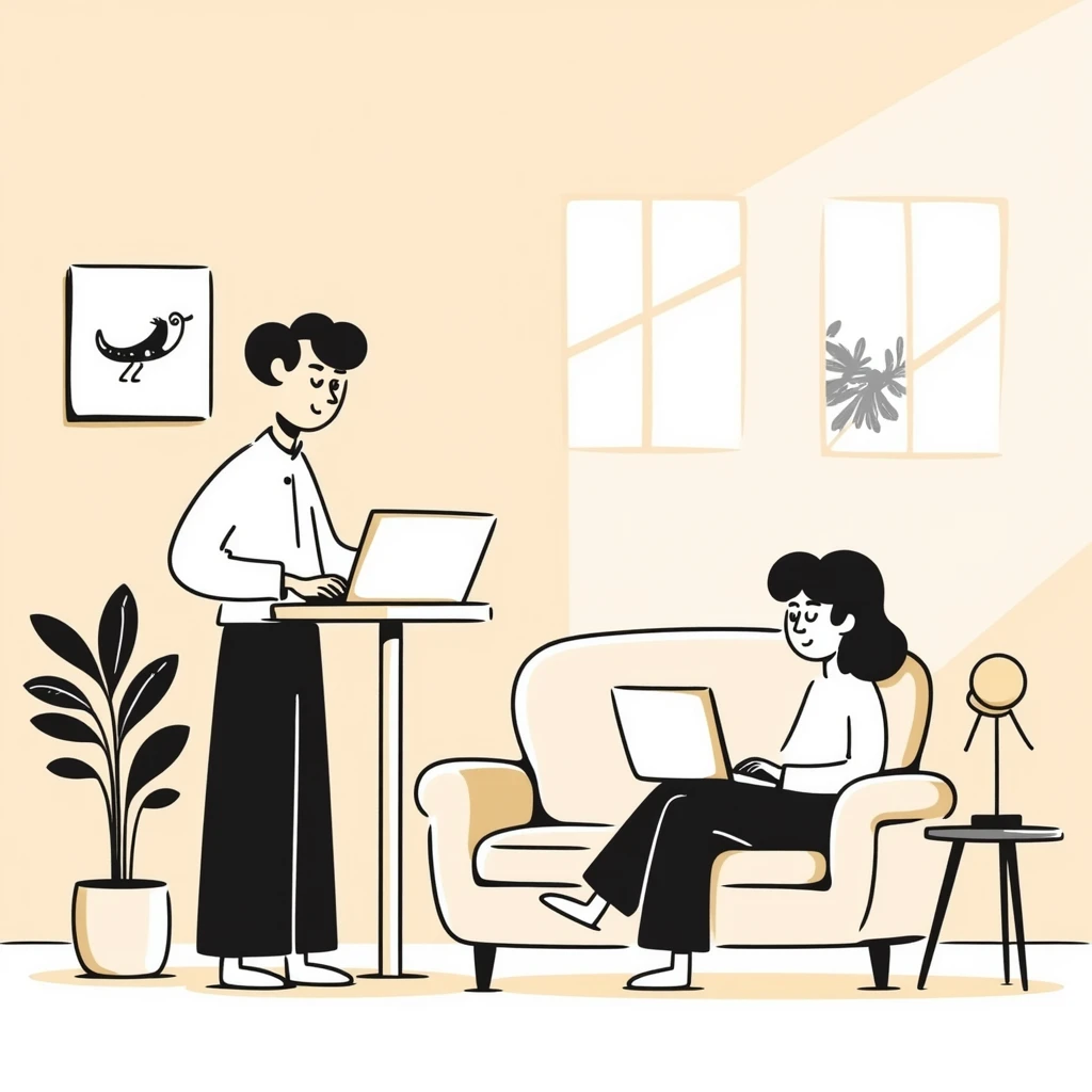 escenary 3d of a cozy mid-century living room with two people working on laptops, one man standing at a desk and one woman sitting on a couch, warm tones, two walls and floor visible emoji