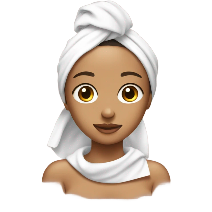 Tan girl with towel on her head and two front peices hanging out with a skincare mask on her face emoji