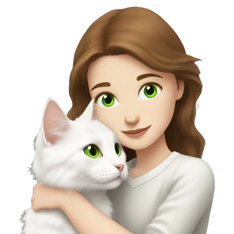 brown-haired girl with gray eyes hugs a white Turkish Angora cat with green eyes emoji