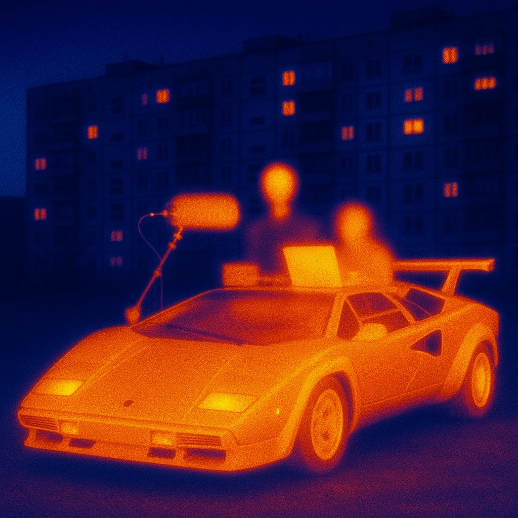Lamborghini Countach with everything needed for sound recording and a laptop on the hood in a city background of Russian panelki with some lit windows emoji